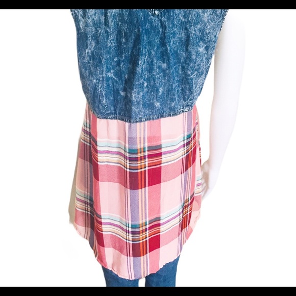 WAREHOUSE ONE Mixed Media Denim Button Down Shirt With Plaid Blue/Pink Sz Medium - Picture 7 of 11